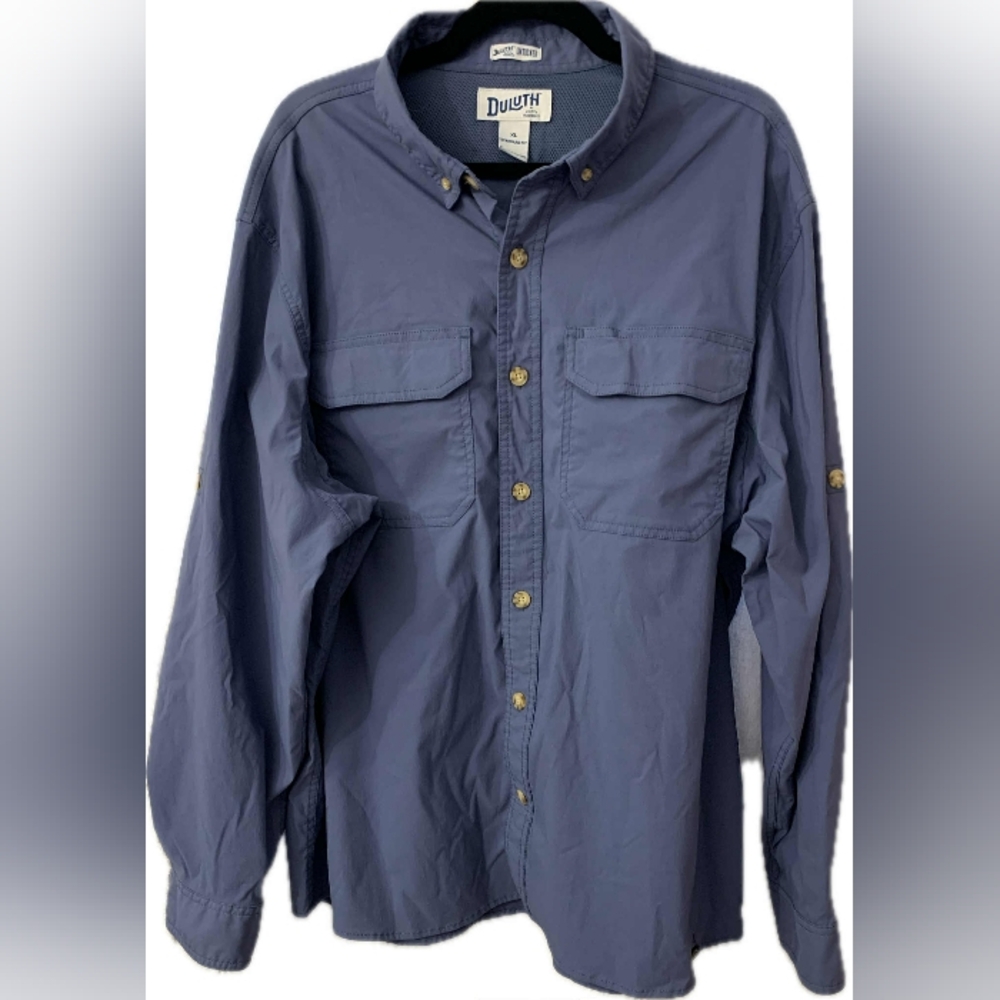 Duluth Trading Co Men's Grey Blue Untucked Standard Fit Button Up Shirt Size XL